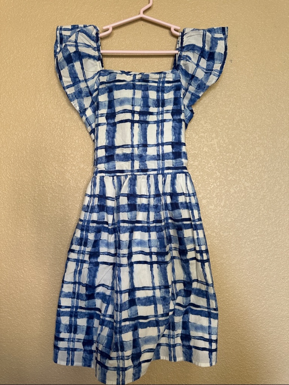 GAP Kids Blue and White Plaid Dress with Flutter Sleeves and Tie Waist
